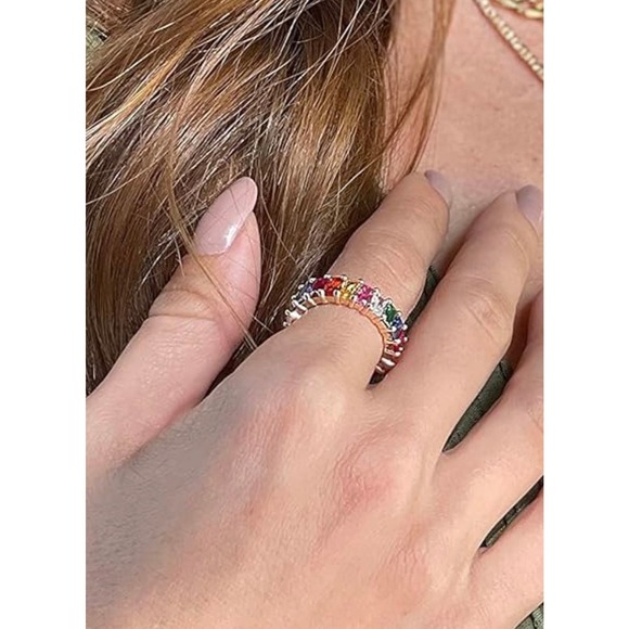 New 18K Gold Plated Emerald-Cut Rainbow Created-Gemstone Eternity Ring sz5-10 - Picture 4 of 4